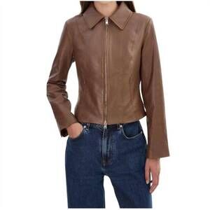 NEW LAMARQUE sally leather biker jacket in tan heather grey